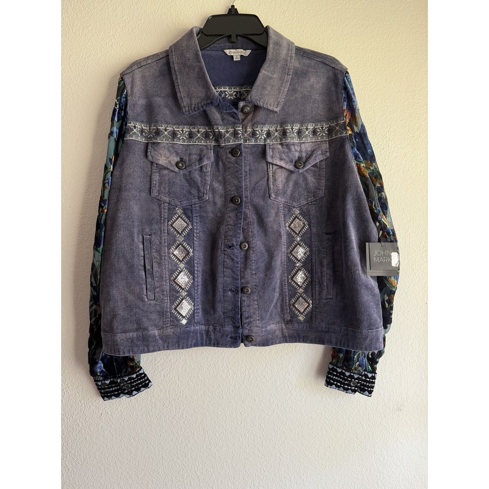 NWT John Mark PURPLE CORDUROY/SEQUINS Trucker Jacket L VELVET BURNOUT SLEEVES